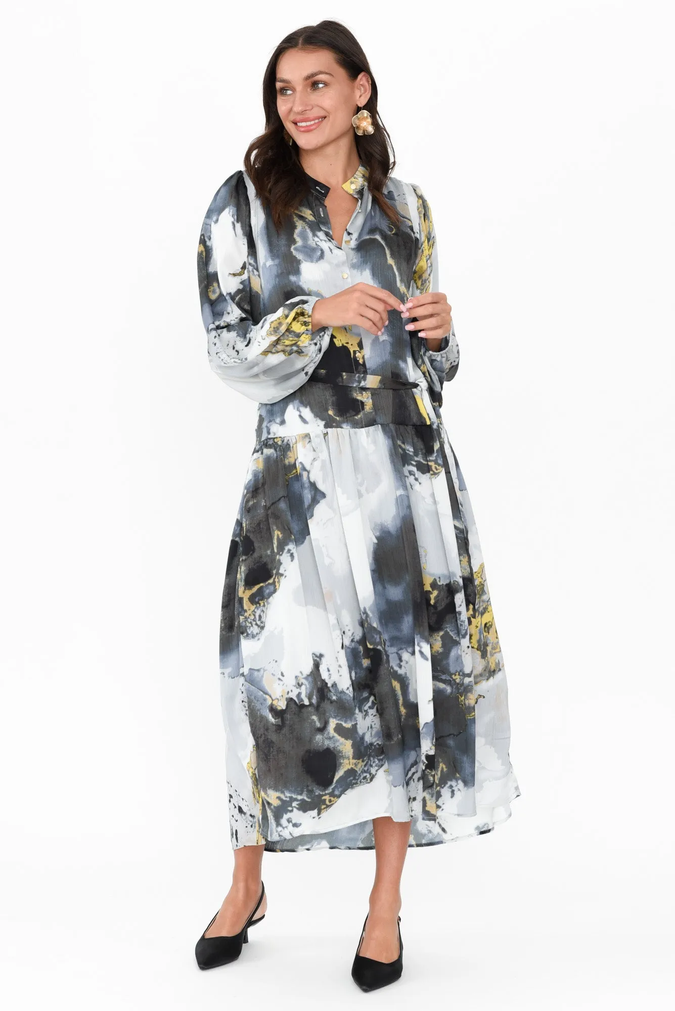 Transfixed Black Marble Midi Shirt Dress