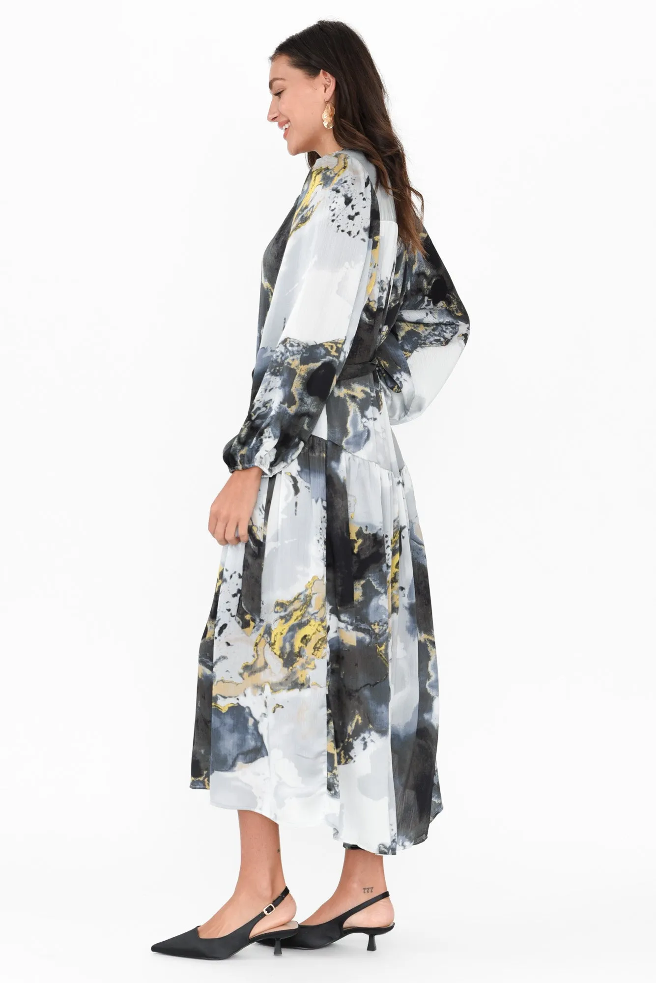 Transfixed Black Marble Midi Shirt Dress