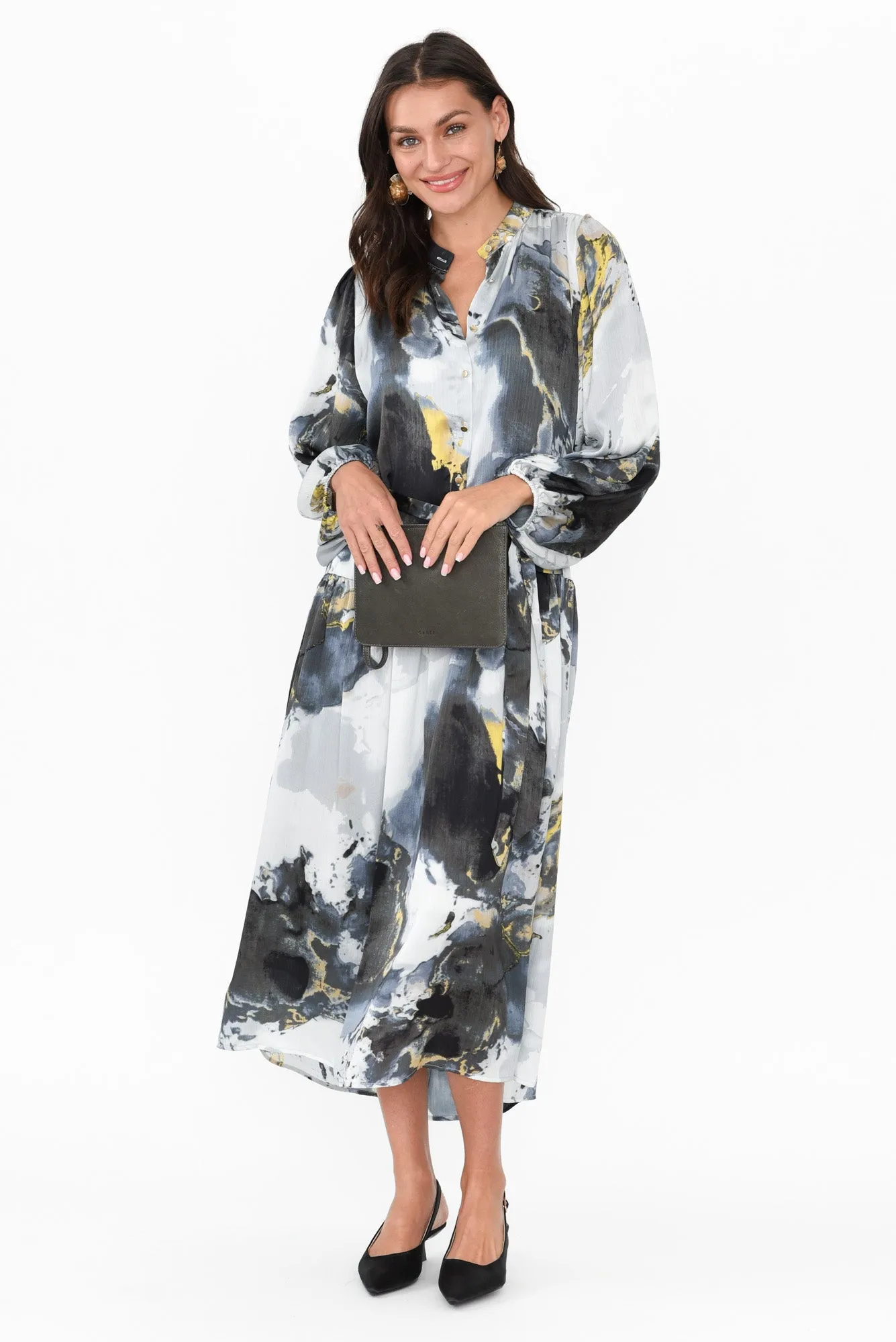 Transfixed Black Marble Midi Shirt Dress