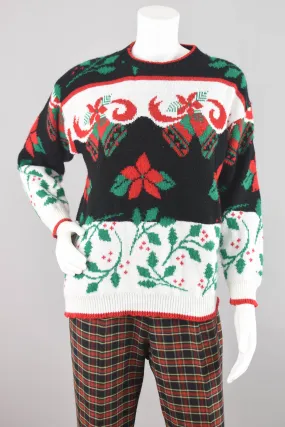 Vintage Christmas Poinsettia Sweater, Women's Petite Medium