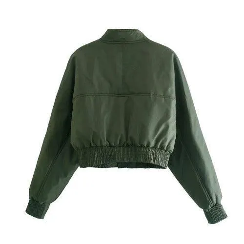 Wenkouban-Winter outfits Christmas Black Friday Green Pockets Short Bomber Jacket