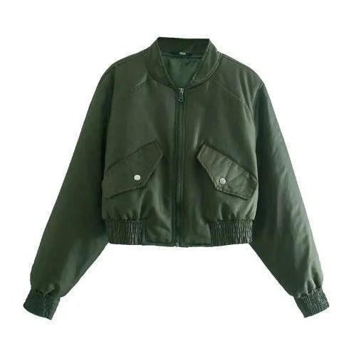 Wenkouban-Winter outfits Christmas Black Friday Green Pockets Short Bomber Jacket