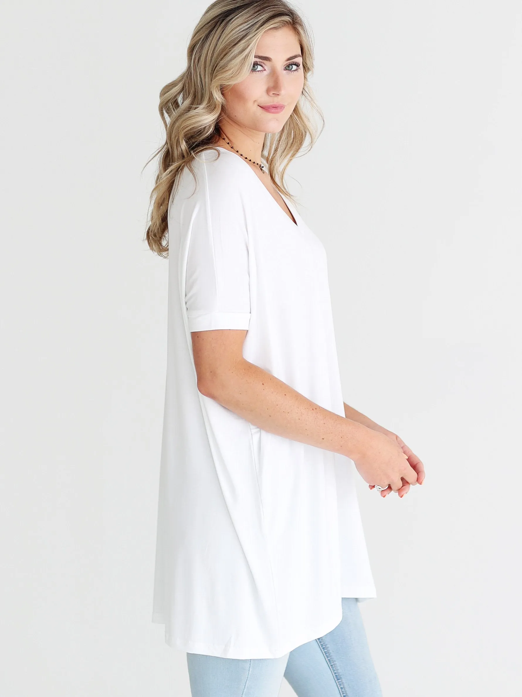 White V-Neck Short Sleeve Tunic