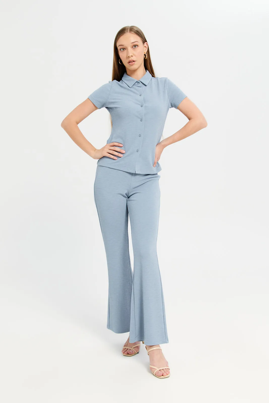 Women Blue Ribbed Trousers