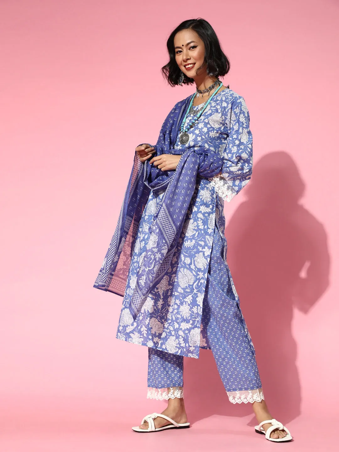 Women Ethnic Motifs Pure Cotton Romantic Floral Kurta Dupatta Set