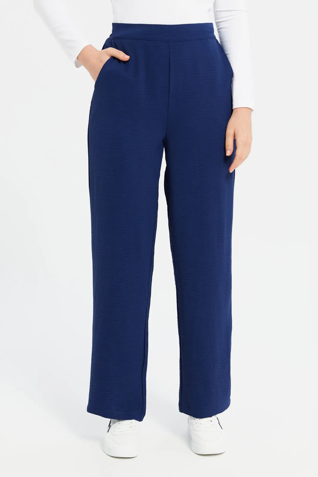 Women Navy Back Elasticated Wide Leg Trouser