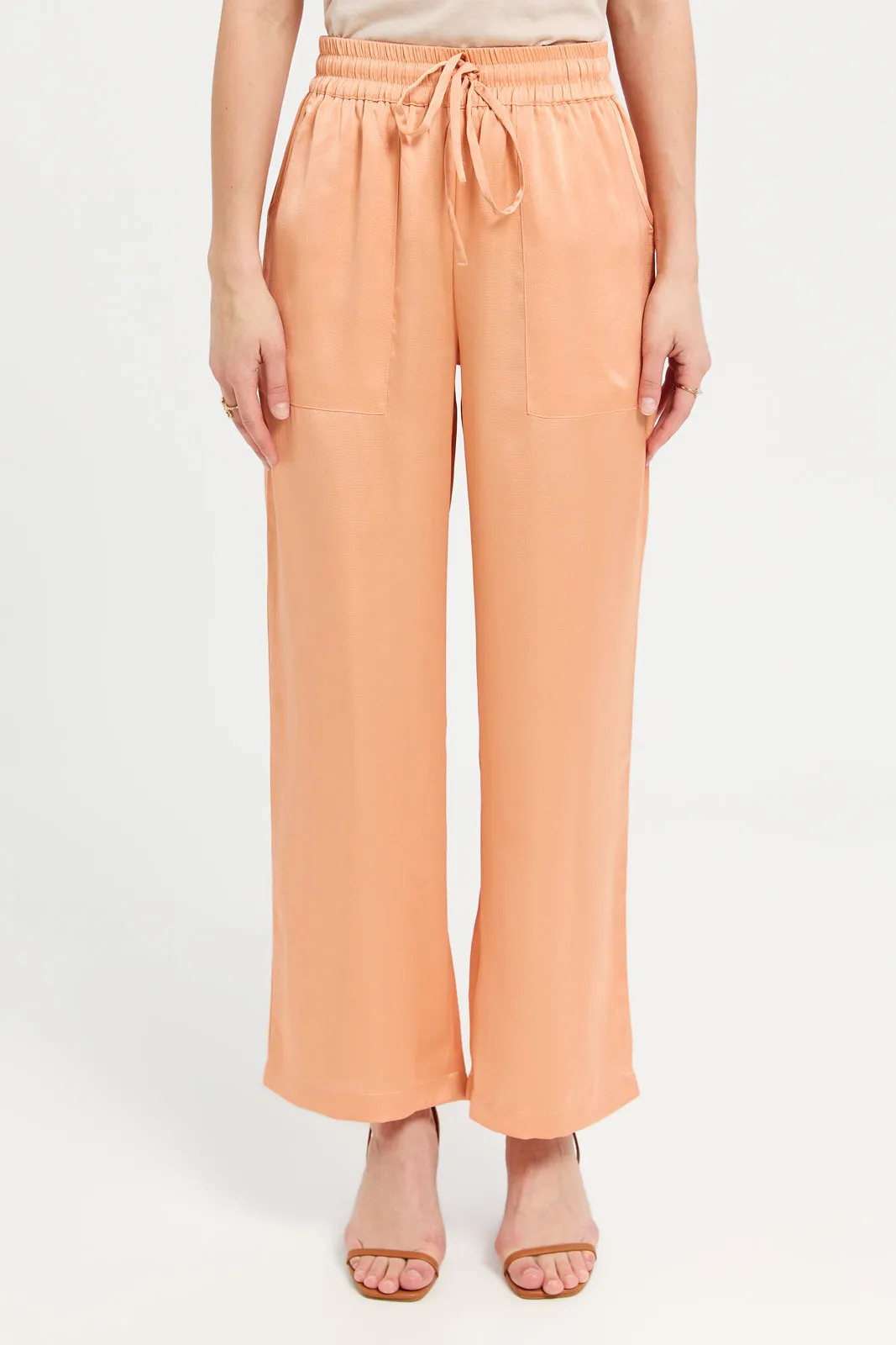 Women Orange Wide Leg Elasticated Waist Trousers