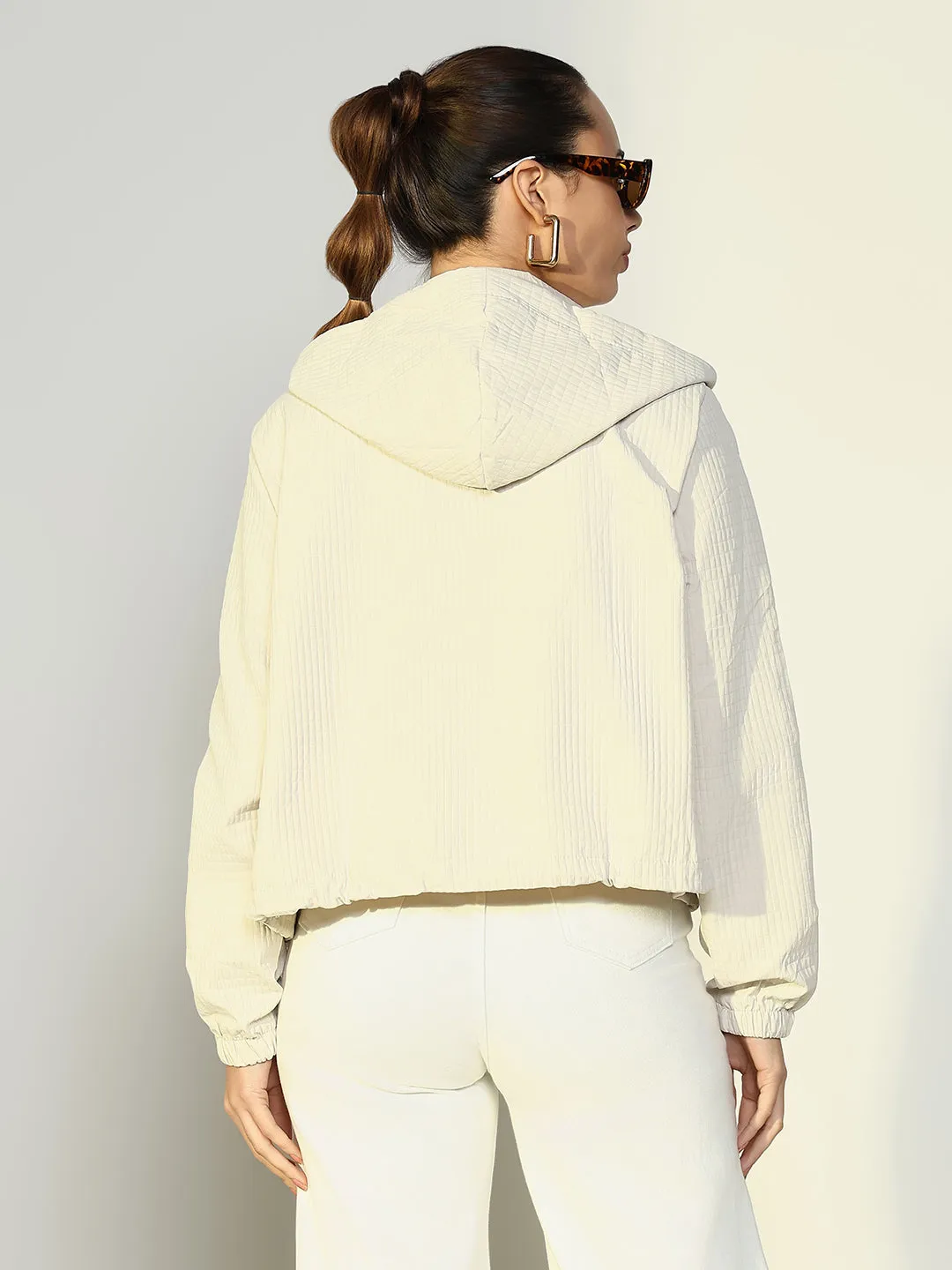 Women Solid Cream Bomber Jacket