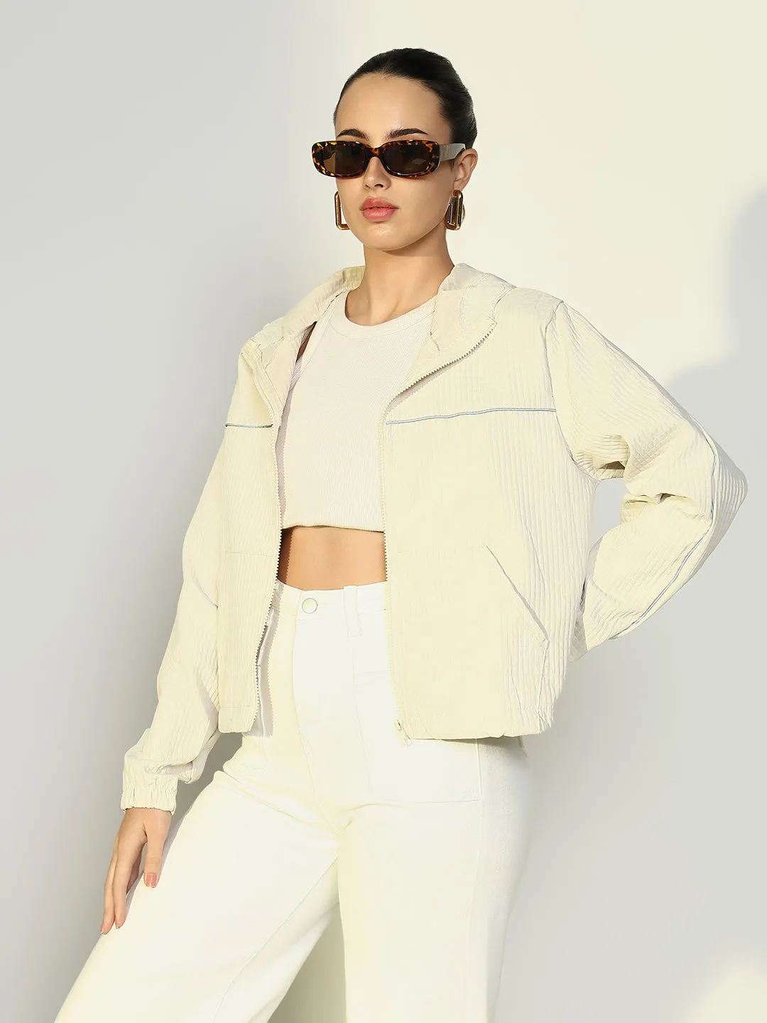 Women Solid Cream Bomber Jacket