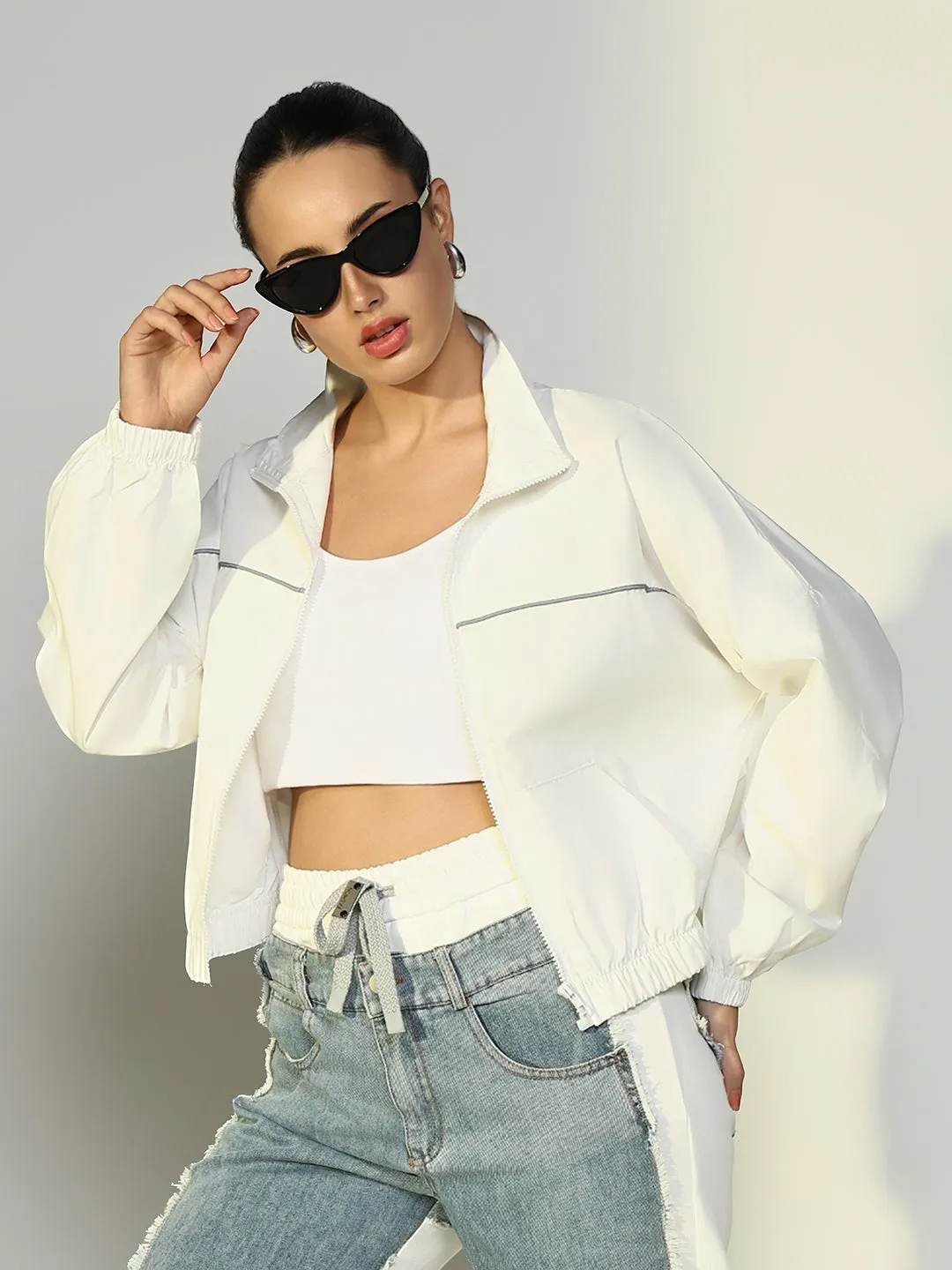 Women Solid White Bomber Jacket