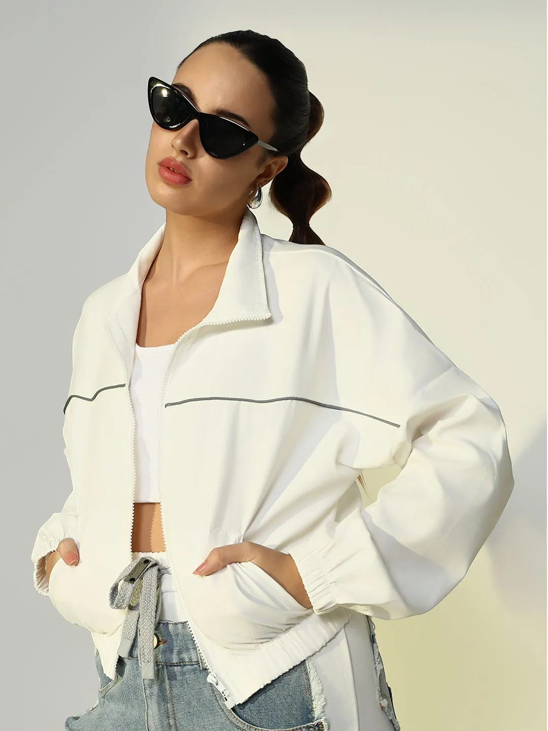 Women Solid White Bomber Jacket