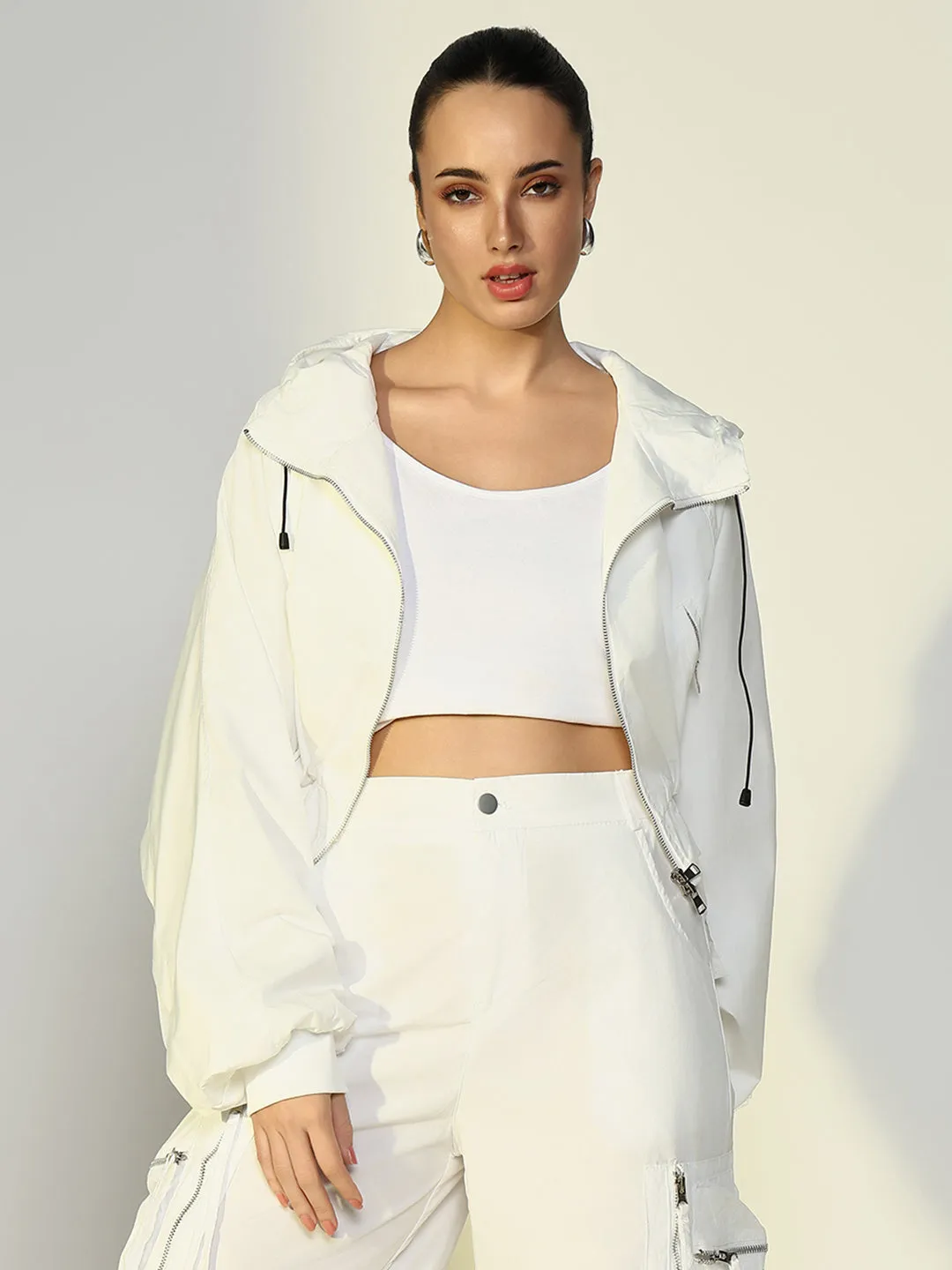 Women Solid White Crop Bomber Jacket