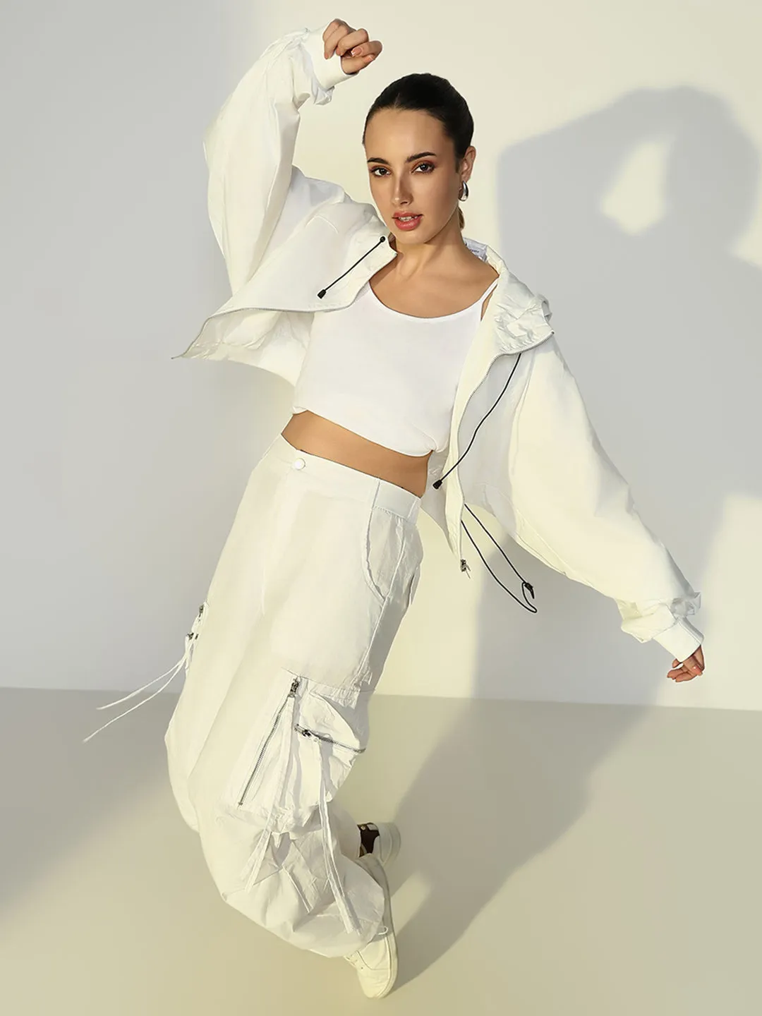 Women Solid White Crop Bomber Jacket