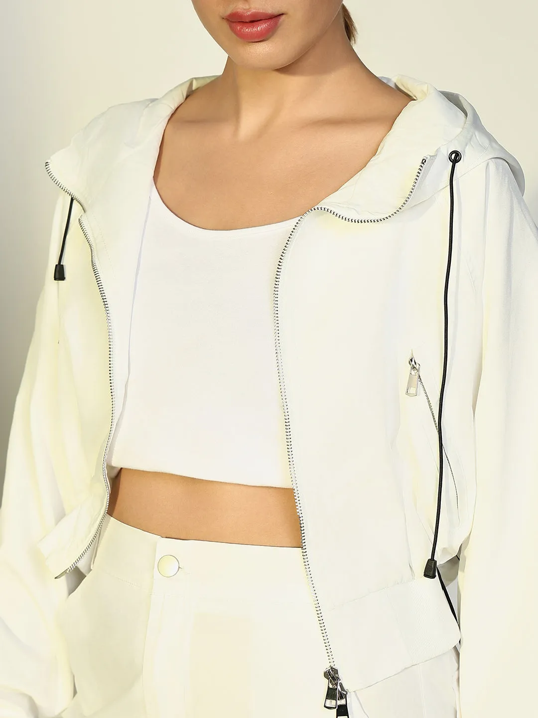 Women Solid White Crop Bomber Jacket