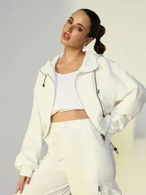 Women Solid White Crop Bomber Jacket