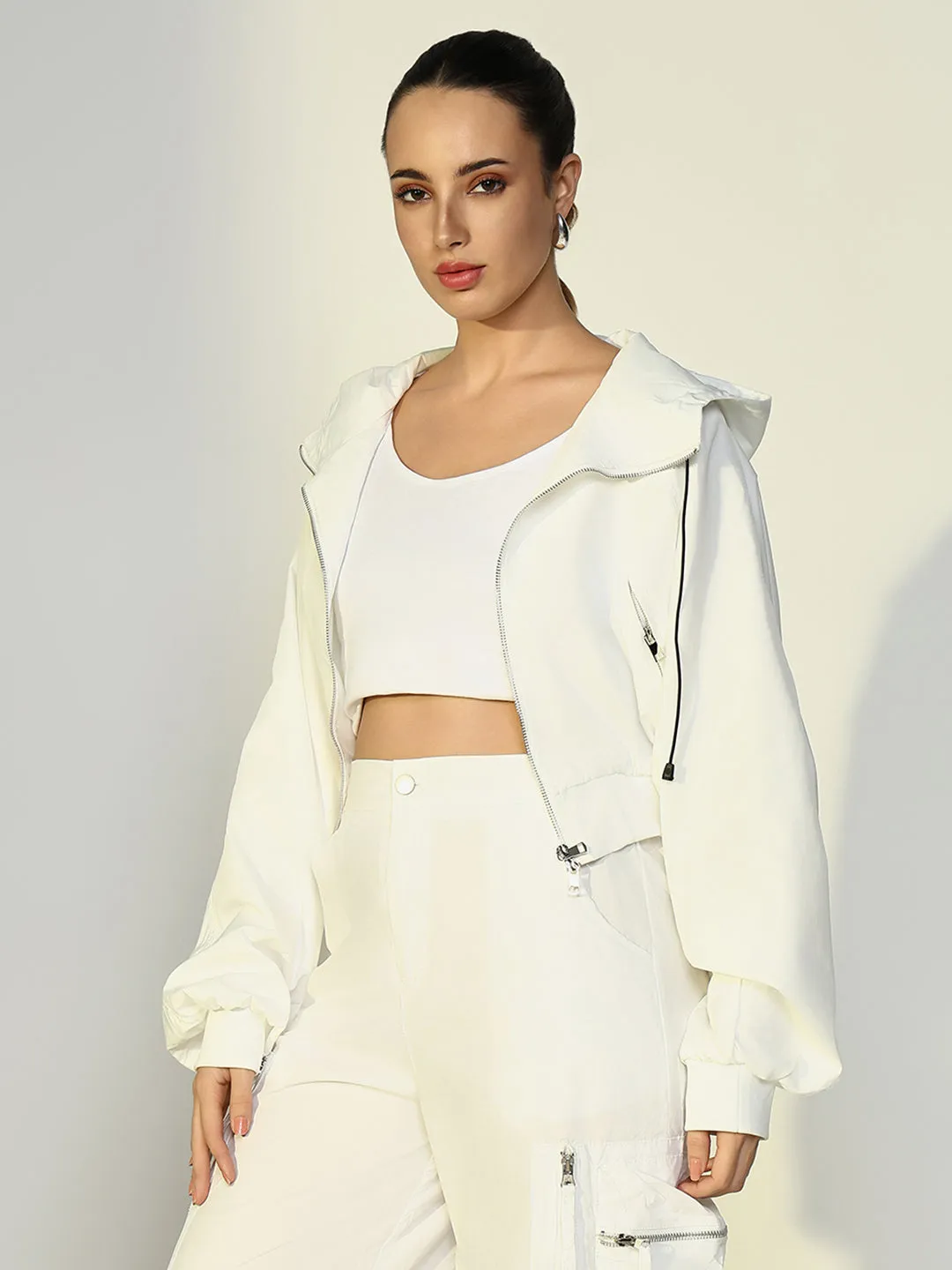 Women Solid White Crop Bomber Jacket