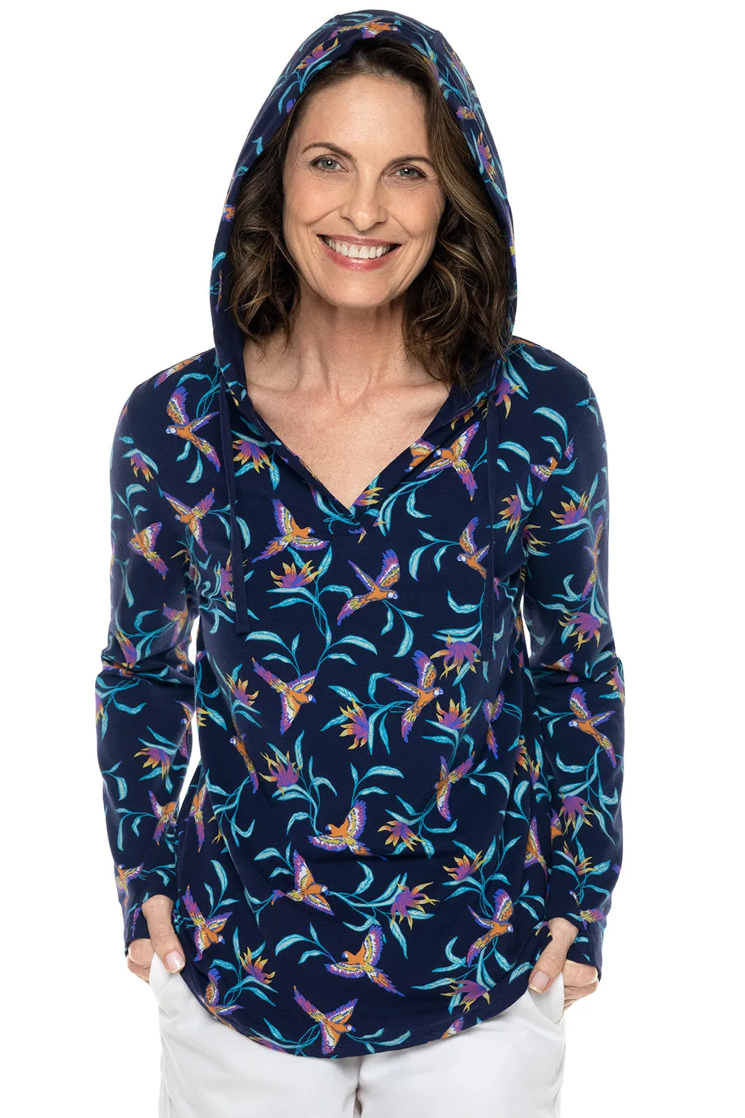 Women's Catalina Hoodie Tunic Top  |  Navy Birds of Paradise