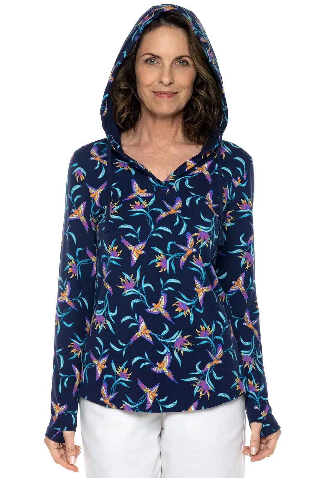 Women's Catalina Hoodie Tunic Top  |  Navy Birds of Paradise