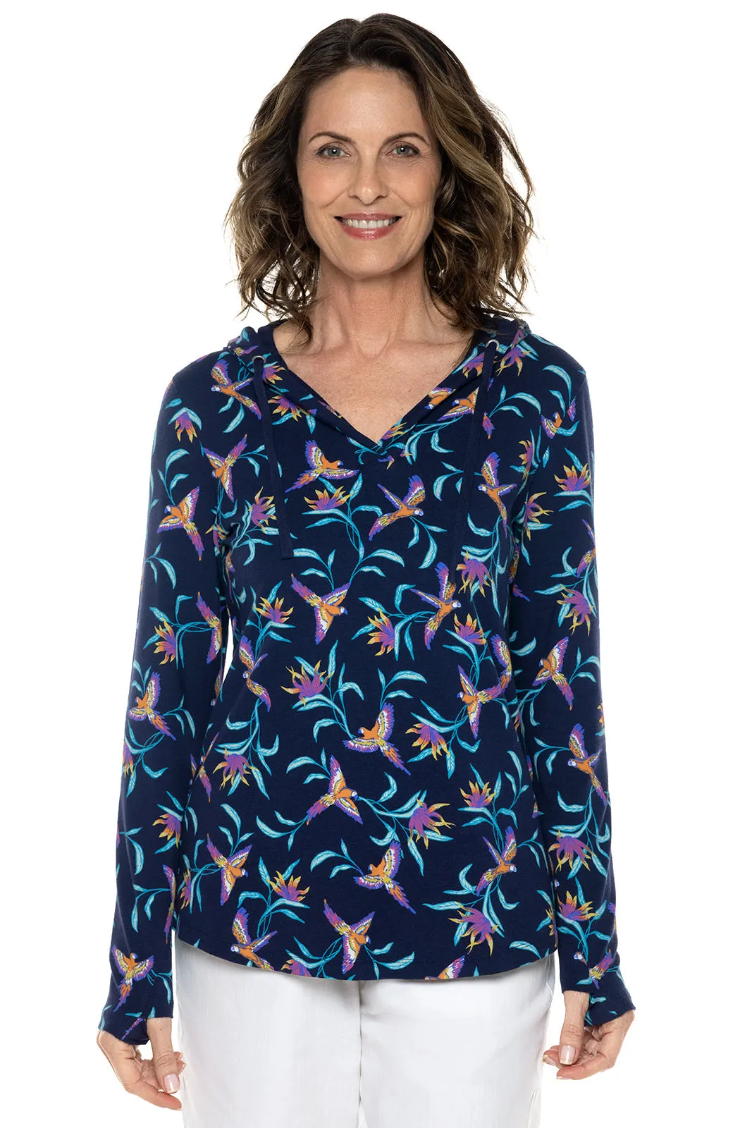 Women's Catalina Hoodie Tunic Top  |  Navy Birds of Paradise