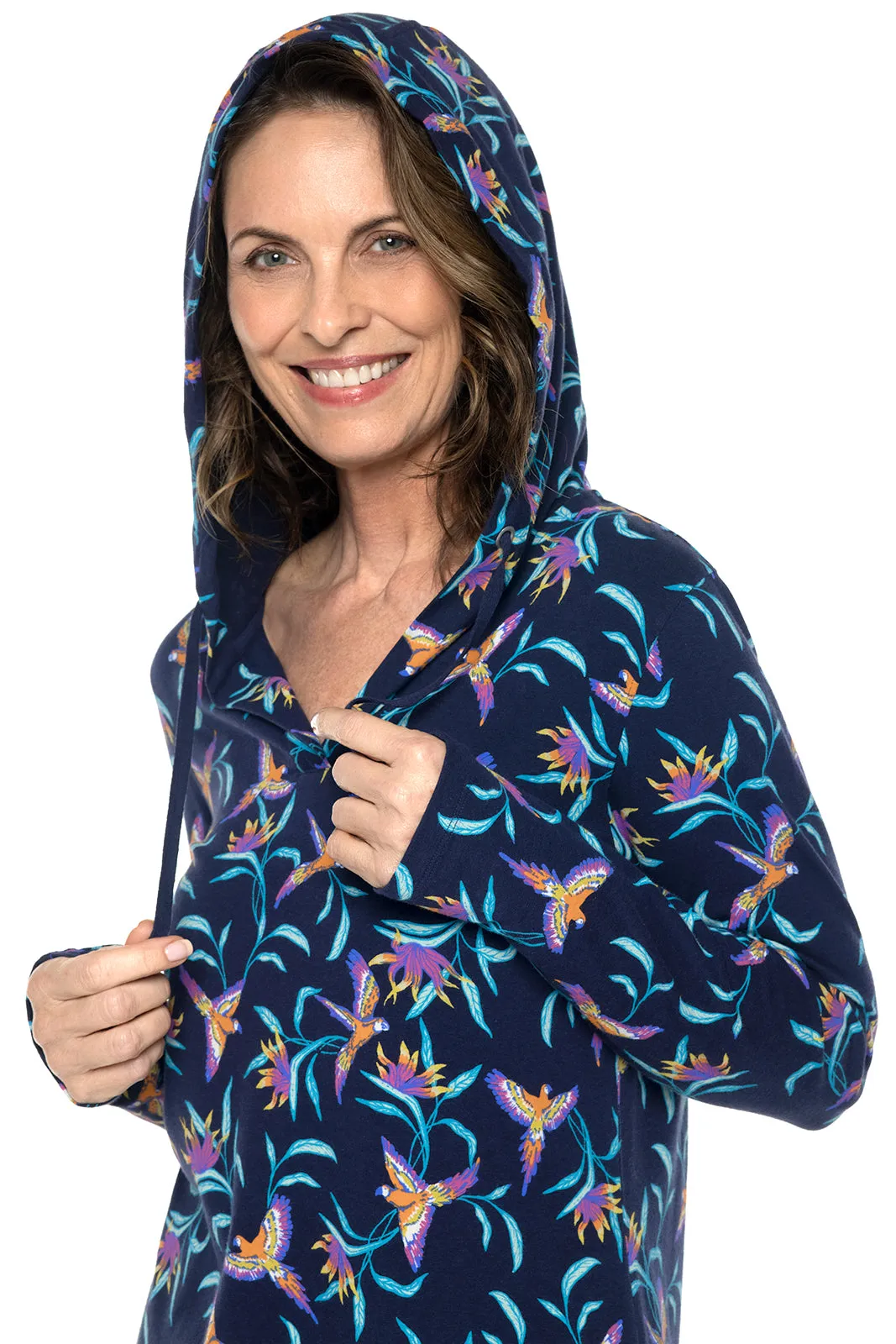 Women's Catalina Hoodie Tunic Top  |  Navy Birds of Paradise