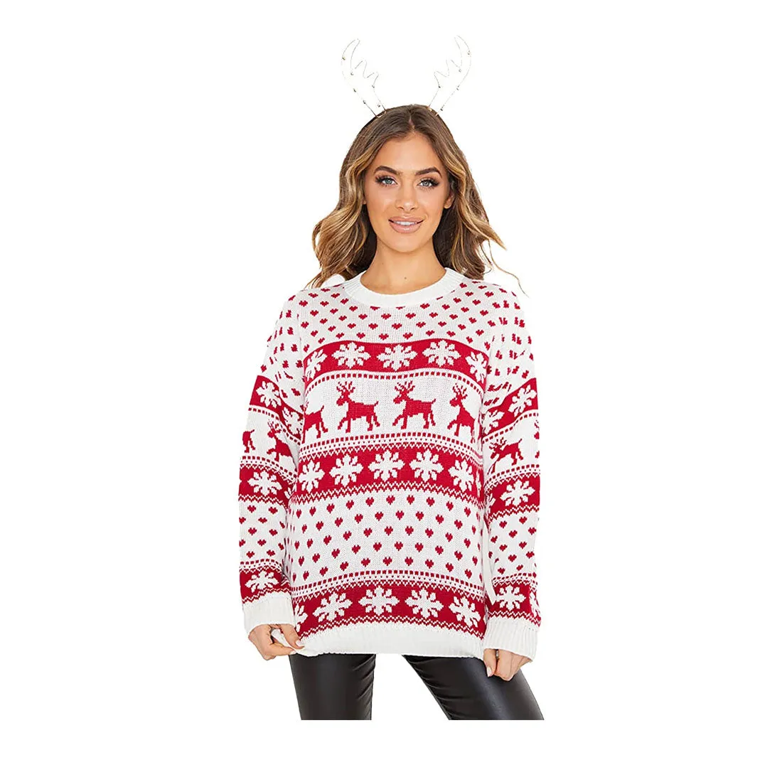 Womens Knitted Reindeer Snowflake Xmas Jumper