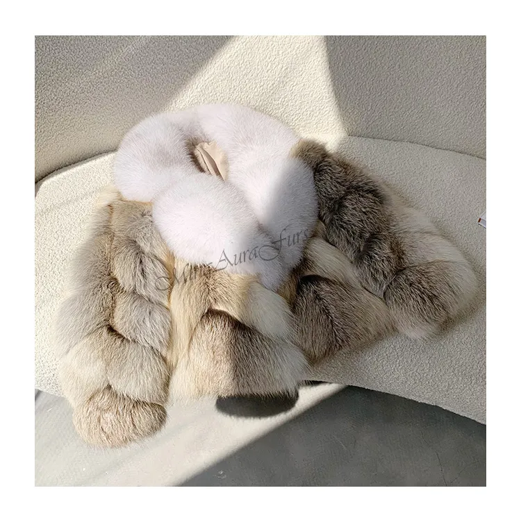 Women's Real Fox Fur Coat with Fur Collar - Fawn Light Fox and White Fox- G0019