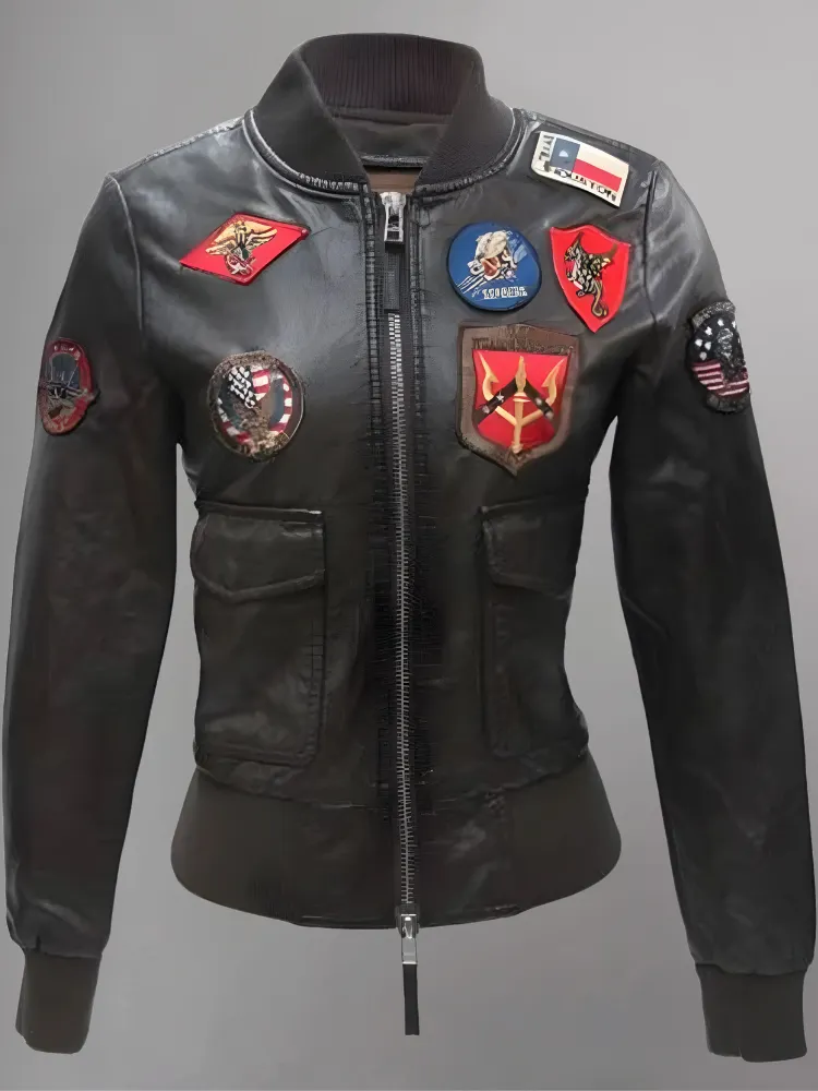 Womens Top Gun Black Aviator Flight Bomber Leather Jacket