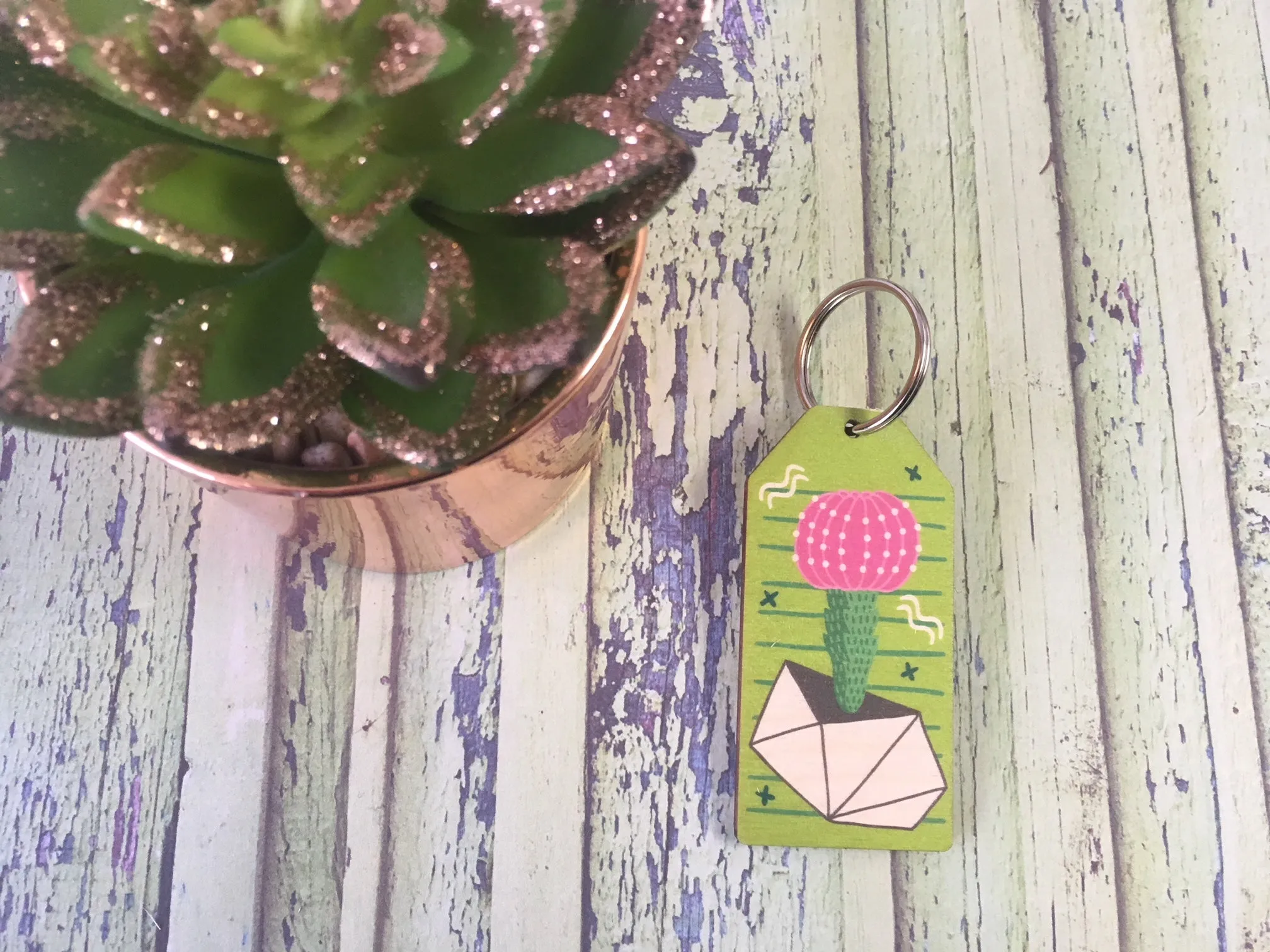 Wooden Keyring - Cactus Succulent Design 3