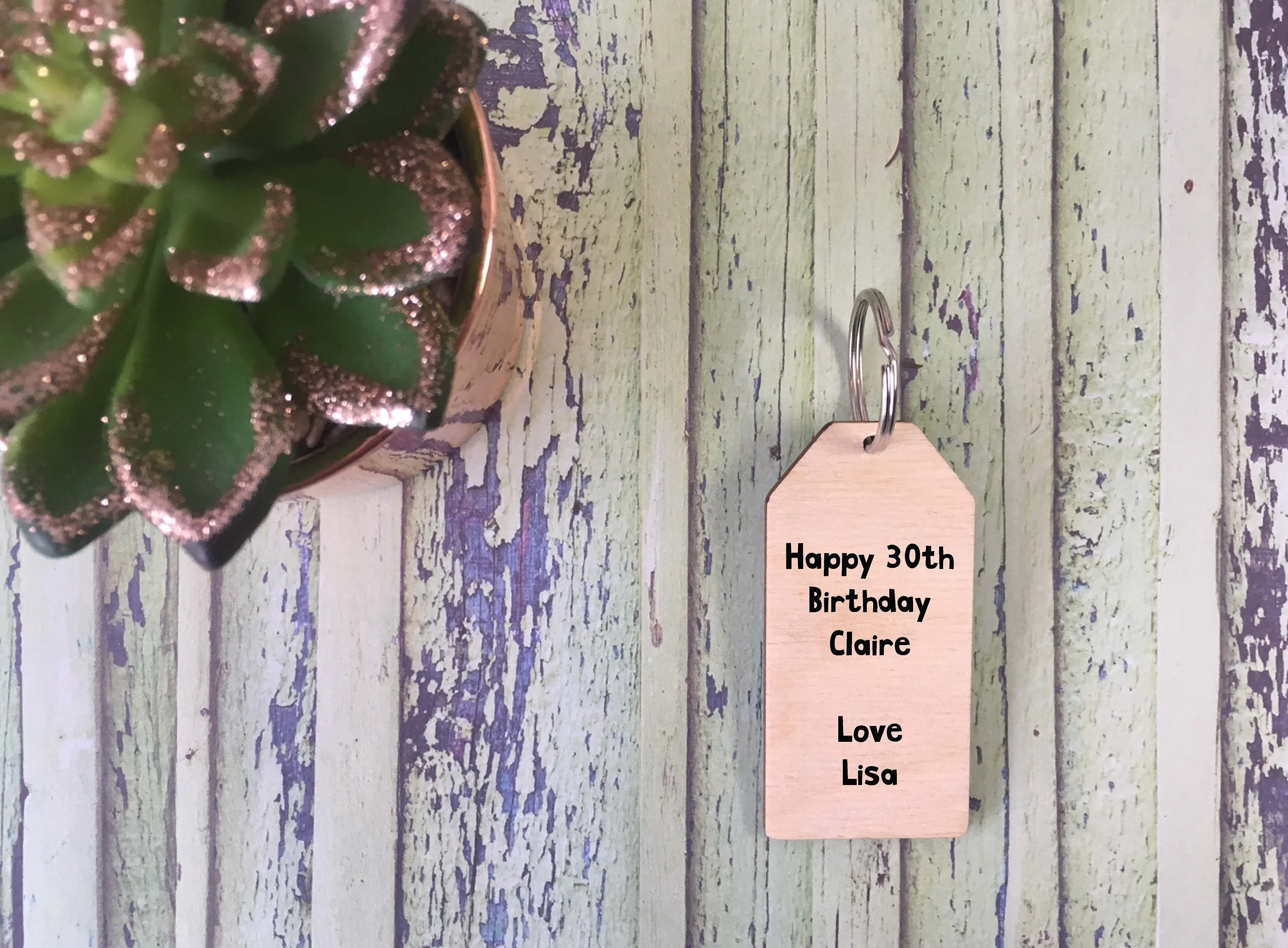 Wooden Keyring - Cactus Succulent Green Geometric Pink Flowers